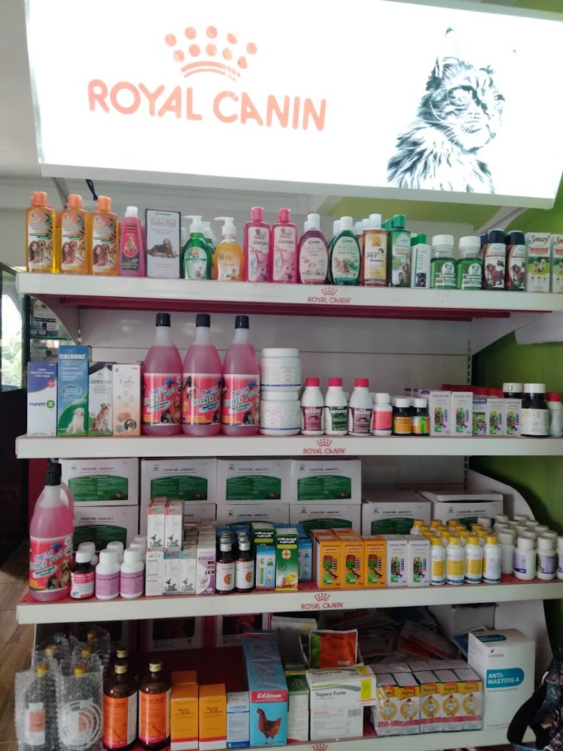 Shelves of pet medicines and care products inside the clinic